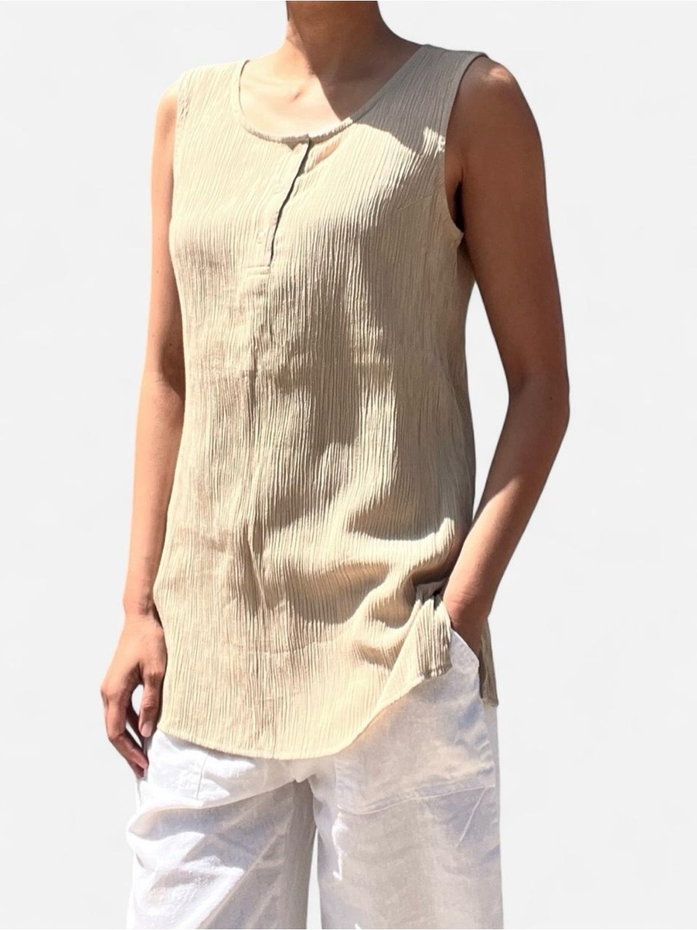 Sleeveless Beige Crinkle Tank Top